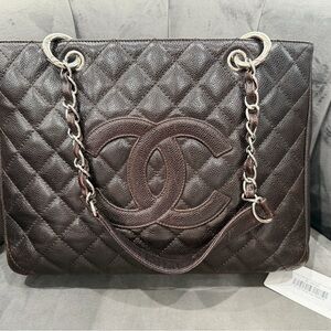 CHANEL Quilted Grand Shopping Tote bag work bag silver brown